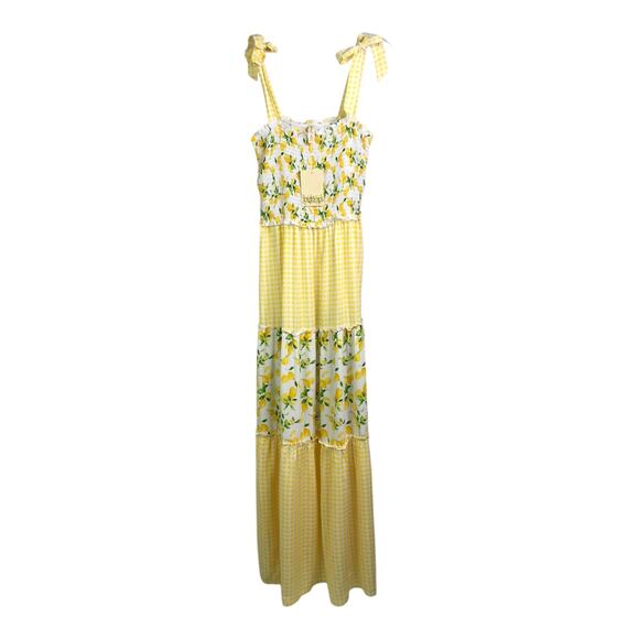Bebop Sundress Wns Sz M Yellow Lemon pattern Gingham Elastic Bust Tie Straps NWT - Picture 1 of 9